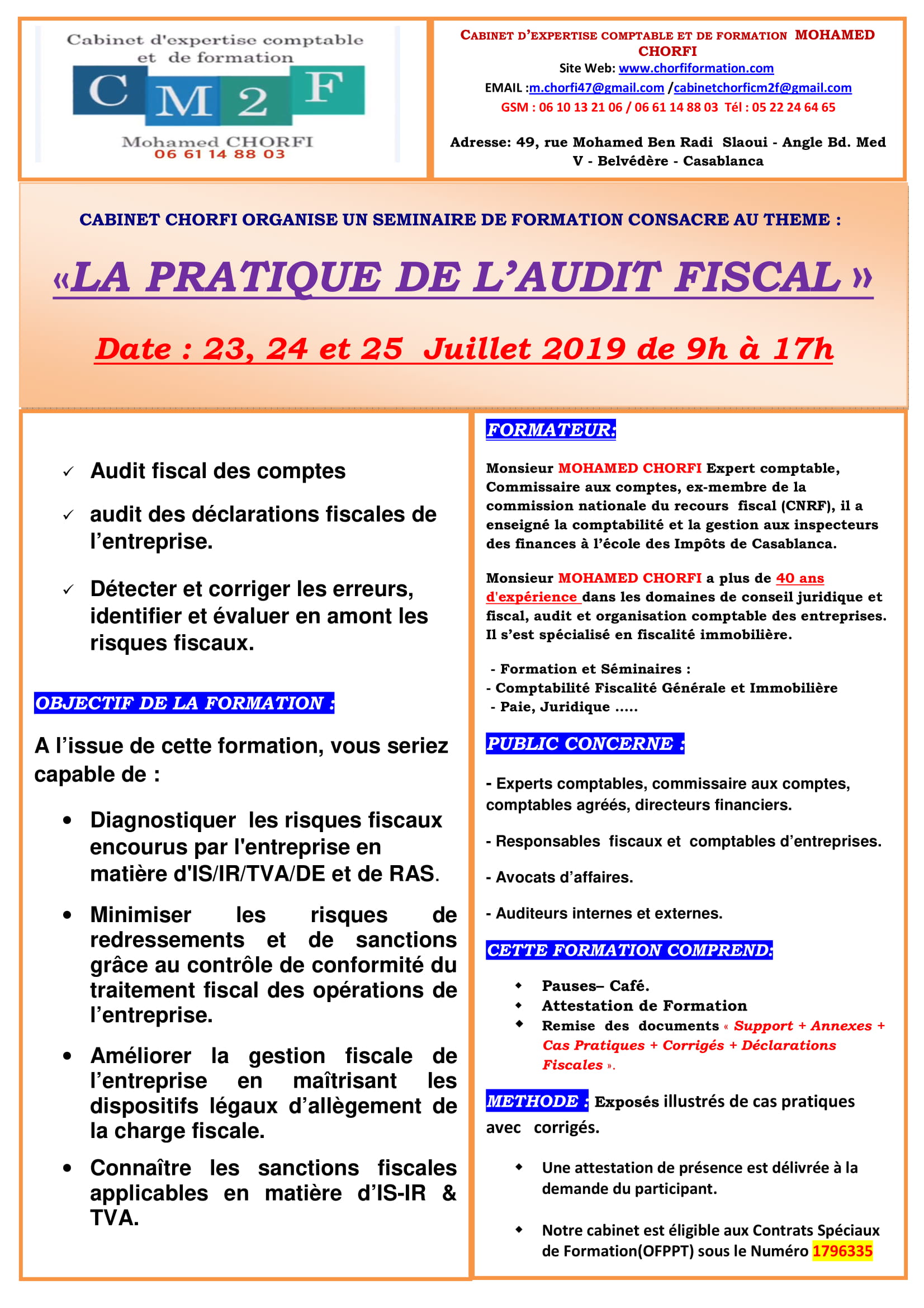 SEMINAIRE LA PRATIQUE DE L’AUDIT FISCAL 23, 24 et 25 JUILLET 2019-1